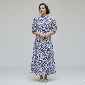 Vintage 60s navy blue and white empire waist babydoll maxi column dress